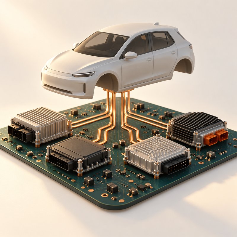 AI-illustration af en hvid, generisk bil over et printkort med elektroniske moduler.