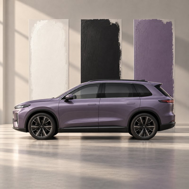 AI-illustration af en lilla SUV foran tre farveprøver i et studie.