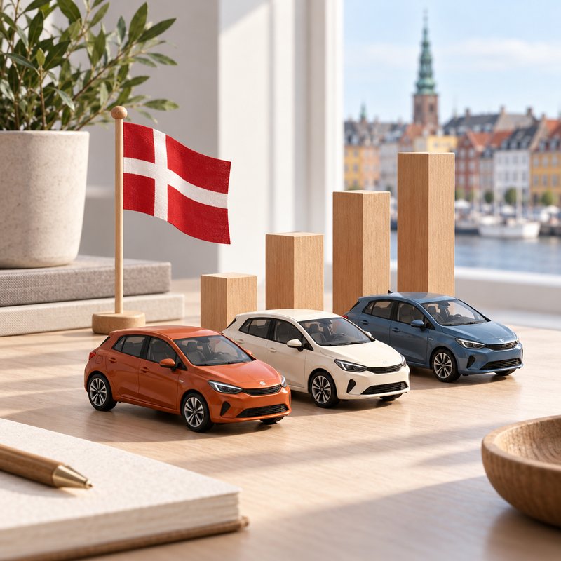 AI-illustration af tre miniaturebiler, et dansk flag og træklodser i stigende højde.
