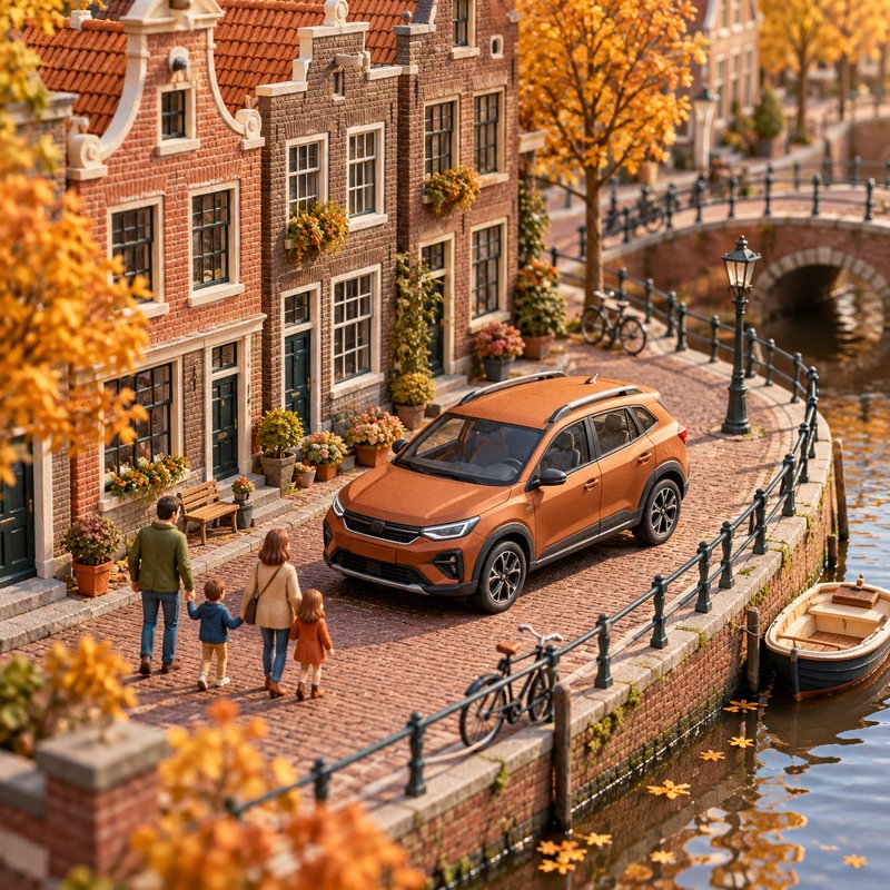 AI-illustration af en terrakottafarvet, generisk crossover ved en nederlandsk kanal.