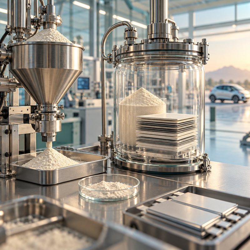 AI-illustration af pulver og batterimaterialer i et konceptuelt produktionslaboratorium.