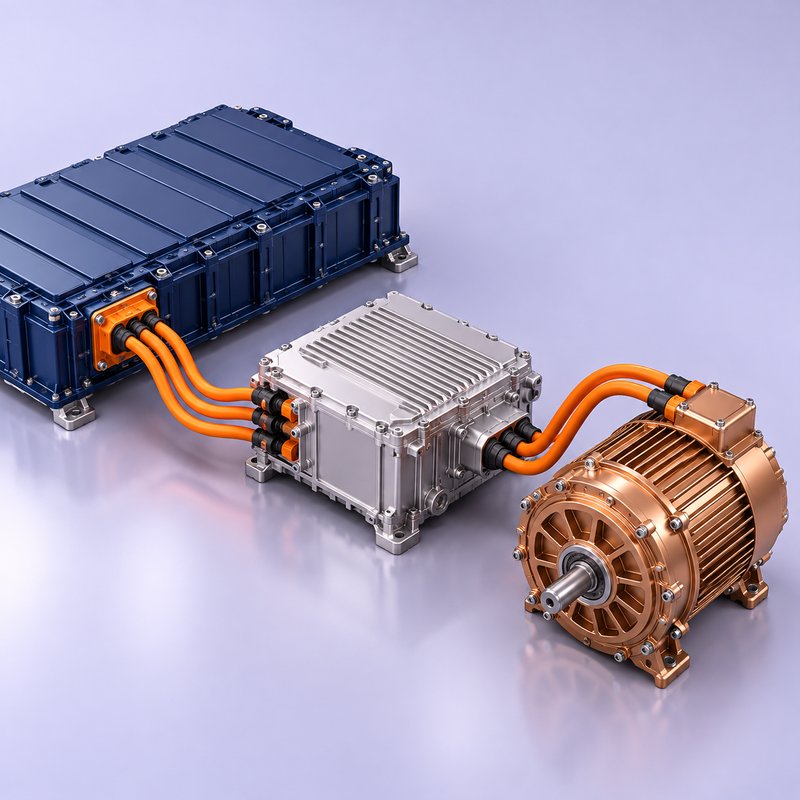 AI-illustration af et batteri, en sølvfarvet elektronikboks og en elmotor forbundet med orange kabler.