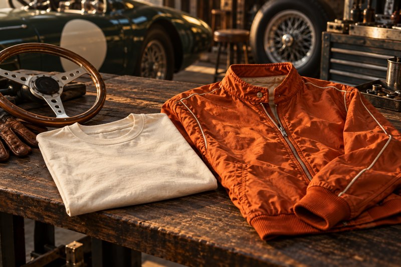 Lys t-shirt og orange jakke ved et klassisk rat på en værkstedsbænk
