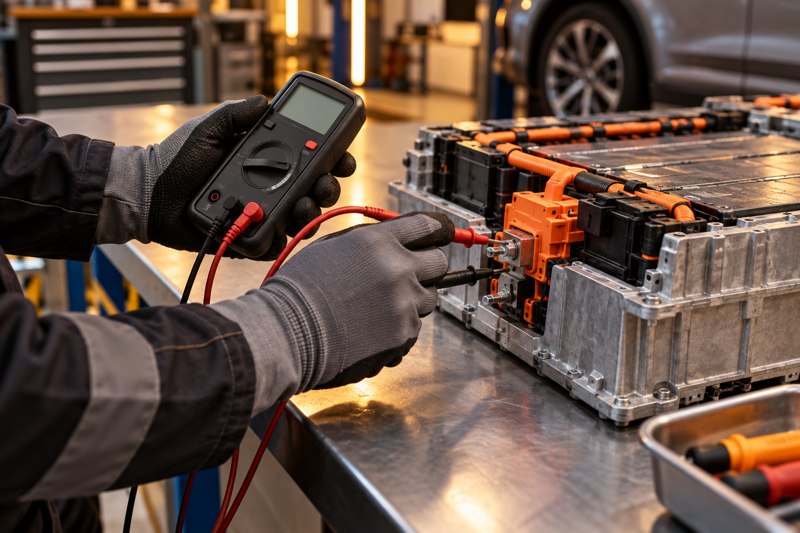 Måleudstyr ved en elbils batterimodul på et værksted