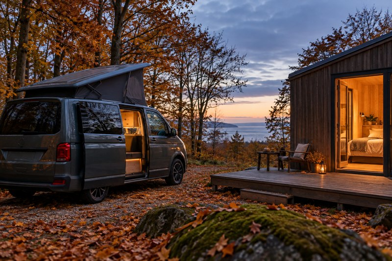 Autocamper ved en oplyst træhytte i en efterårsskov